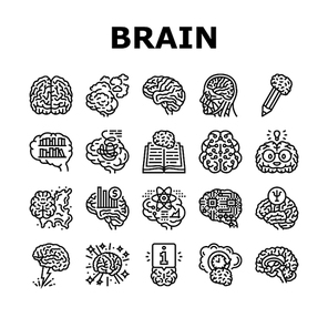 brain human mind head idea icons set vector. abstract knowledge, science think, education graphic, psychology creative, smart brain human mind head idea black contour illustrations