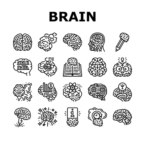 brain human mind head idea icons set vector. abstract knowledge, science think, education graphic, psychology creative, smart brain human mind head idea black contour illustrations