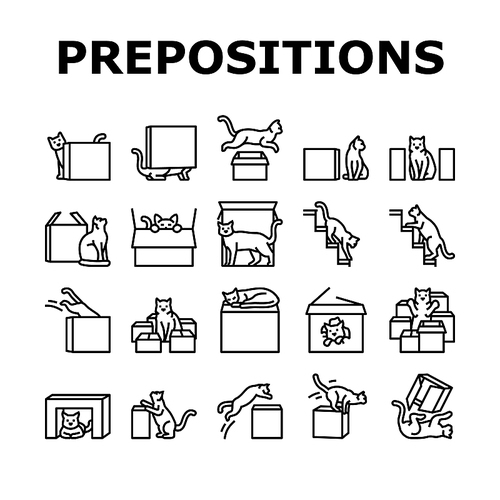 preposition english language icons set vector. position place, education school, preschool vocabulary, behind under box, learning preposition english language black contour illustrations