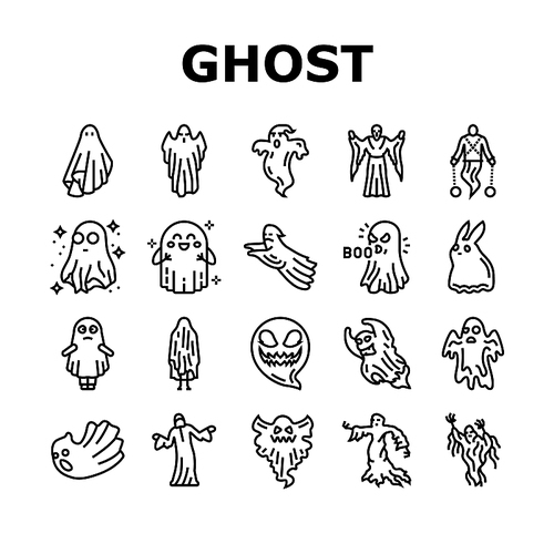 ghost halloween spooky scary cute icons set vector. horror white, spirit character, costume monster, night evil, silhouette, boo fear ghost halloween spooky scary cute black contour illustrations