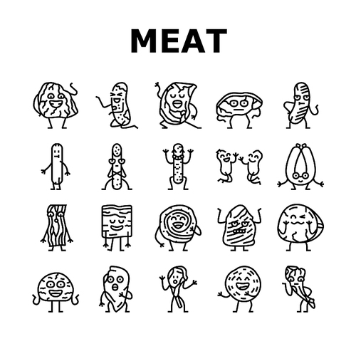 meat character beef food funny icons set vector. steak face, happy, cute design, sausage restaurant, slice smile, pork grill, mascot meat character beef food funny black contour illustrations