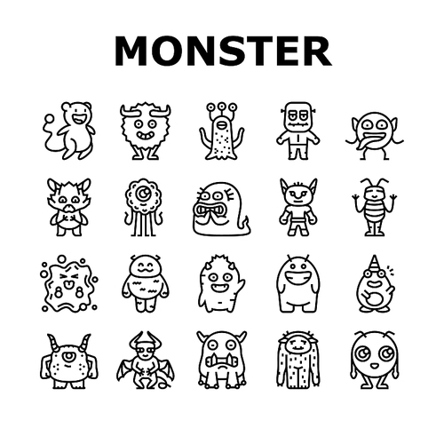 monster funny cute alien icons set vector. animal halloween, happy face, comic creature, devil scary, mouth mascot little teeth monster funny cute alien black contour illustrations