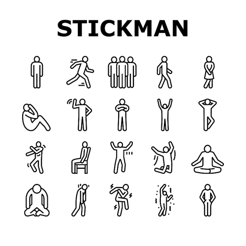stickman man people silhouette icons set vector. pictogram human, stick person, figure posture, body position male character movement stickman man people silhouette black contour illustrations