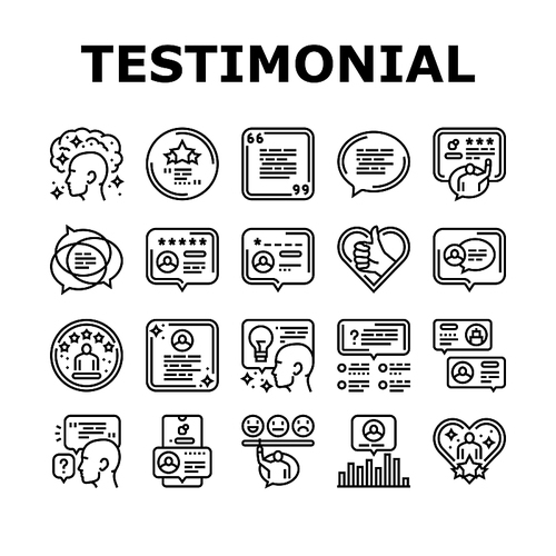 testimonial customer review icons set vector. feedback opinion, comment online, bubble service, concept business, client survey testimonial customer review black contour illustrations
