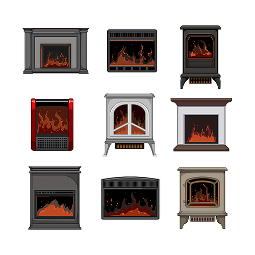 fireplace set cartoon. fire home, house wood, flame burning, chimney brick, furniture fireplace vector illustration