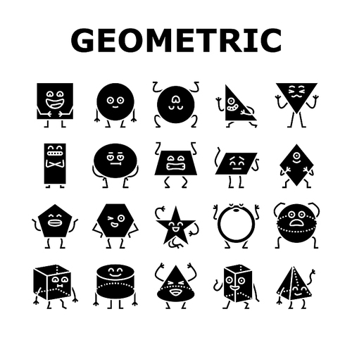 geometric shape character icons set vector. triangle circle, square abstract, cute funny rectangle, figure face, education basic geometric shape character glyph pictogram Illustrations