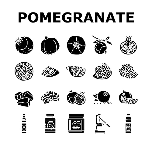 pomegranate fruit red food icons set vector. half, seed fresh, ripe juice, leaf cut, juicy, green sweet, slice leaves, organic pomegranate fruit red food glyph pictogram Illustrations