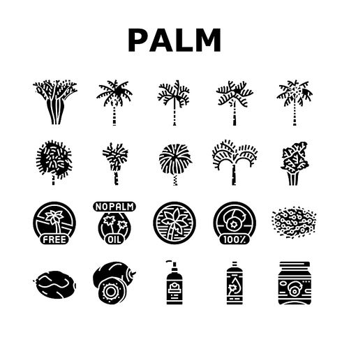 palm oil tree leaf plant icons set vector. summer white coconut, green nature, beach exotic, branch forest, tropical foliage palm oil tree leaf plant glyph pictogram Illustrations