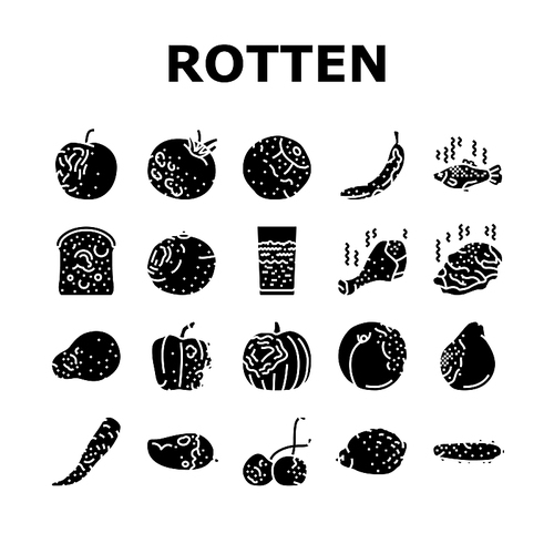 rotten food fruit waste garbage icons set vector. organic green, mold bad, nature rot, trash dirty, compost spoiled, damaged vegetable rotten food fruit waste garbage glyph pictogram Illustrations