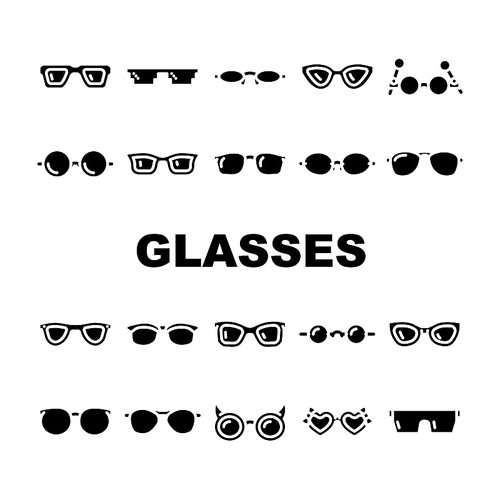 eye glasses frame fashion icons set vector. black old lens, retro style, round cool, vision modern, sun spectacles sunglasses eye glasses frame fashion glyph pictogram Illustrations