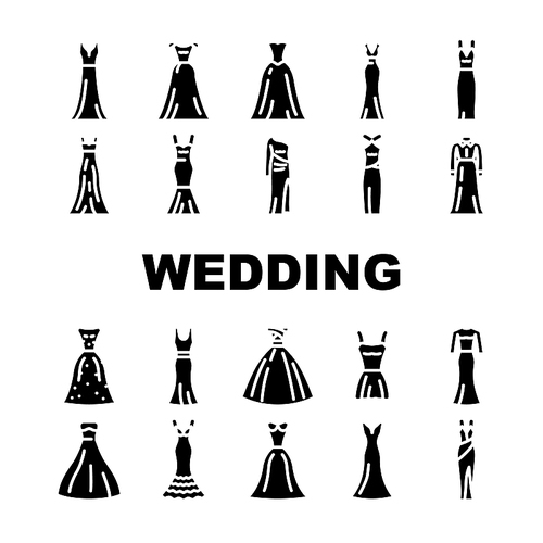 bride dress white bouquet icons set vector. bridal wedding, woman beauty, fashion marriage, groom ceremony, love beautiful bride dress white bouquet glyph pictogram Illustrations