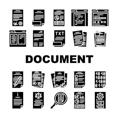 document business file office icons set vector. paper work, informationfolder, contract computer, digital technology, corporate document business file office glyph pictogram Illustrations
