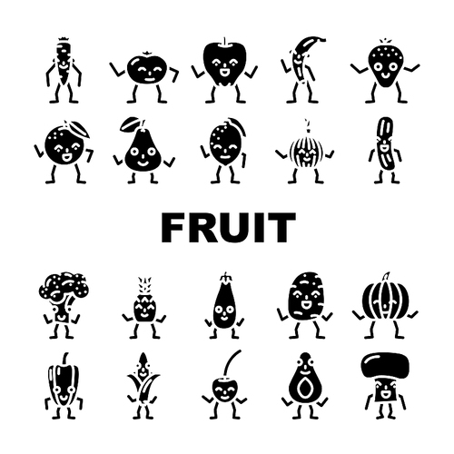 fruit vegetable character food icons set vector. paper work, informationfolder, contract computer, digital technology, corporate fruit vegetable character food glyph pictogram Illustrations