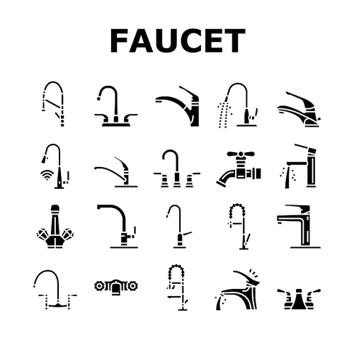 faucet water sink tap bathroom icons set vector. clean home, modern interior, white drop, wash, plumbing metal, hous pipe faucet water sink tap bathroom glyph pictogram Illustrations