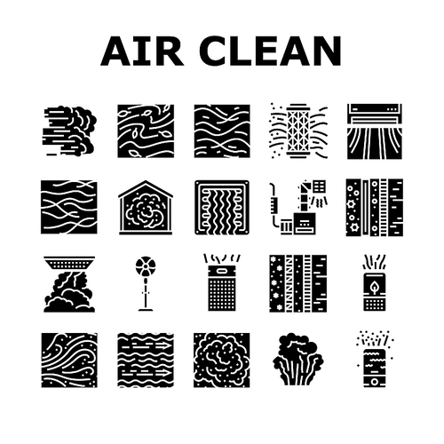 air clean fresh wind flow filter icons set vector. home dust, conditioner blue, cold purification, nature technology, cleaner room air clean fresh wind flow filter glyph pictogram Illustrations
