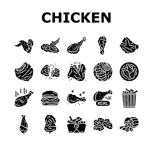 chicken crispy food meat meal icons set vector. fast delicious, wing fried, snack crunchy, leg cooked, eat tasty, dinner golden chicken crispy food meat meal glyph pictogram Illustrations