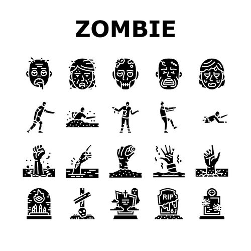 zombie horror scary dead evil icons set vector. monster creepy, hand death, undead nightmare, man fear, apocalypse blood hell zombie horror scary dead evil glyph pictogram Illustrations