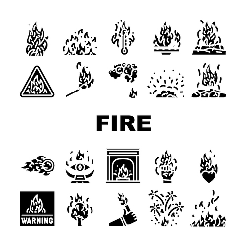 flame hot fire burn bonfire heat icons set vector. red danger, light orange, campfire energy fiery element glow, hell flammable inferno flame hot fire burn bonfire heat glyph pictogram Illustrations