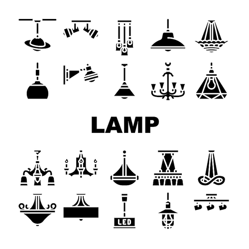 lamp ceiling light interior home icons set vector. room bulb, decor chandelier, wall electric, bright decoration, metal style lamp ceiling light interior home glyph pictogram Illustrations