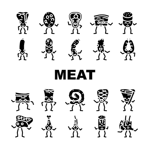 meat character food meal icons set vector. funny cute, beef happy, face restaurant, steak design, slice smile, comic dinner meat character food meal glyph pictogram Illustrations