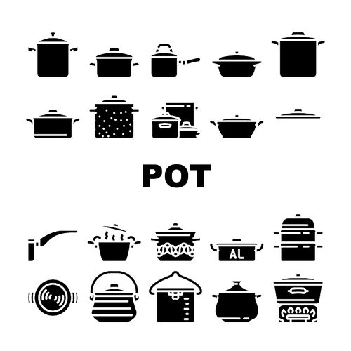 pot kitchen food pan cooking icons set vector. cook soup, saucepan lid, steel chef, kitchenware metal, stove utensil, stainless pot kitchen food pan cooking glyph pictogram Illustrations