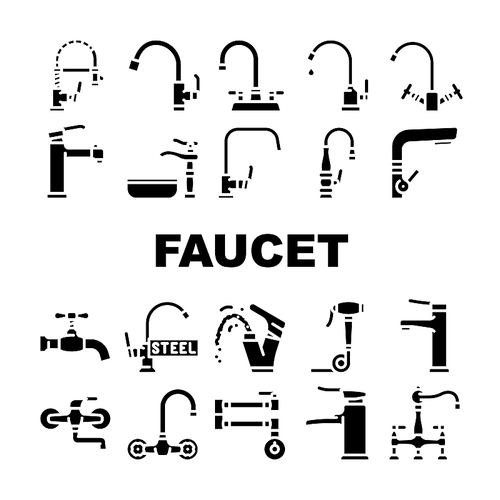 faucet water sink tap bathroom icons set vector. clean home, modern interior, white drop, wash, plumbing metal, hous pipe faucet water sink tap bathroom glyph pictogram Illustrations