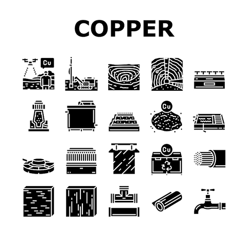copper metal production steel icons set vector. texture gradient, bronze, foil shiny, brown industry, brass frame, material metallic copper metal production steel glyph pictogram Illustrations
