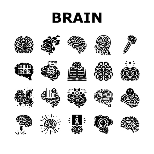 brain human mind head idea icons set vector. abstract knowledge, science think, education graphic, psychology creative, smart brain human mind head idea glyph pictogram Illustrations