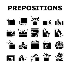 preposition english language icons set vector. position place, education school, preschool vocabulary, behind under box, learning preposition english language glyph pictogram Illustrations