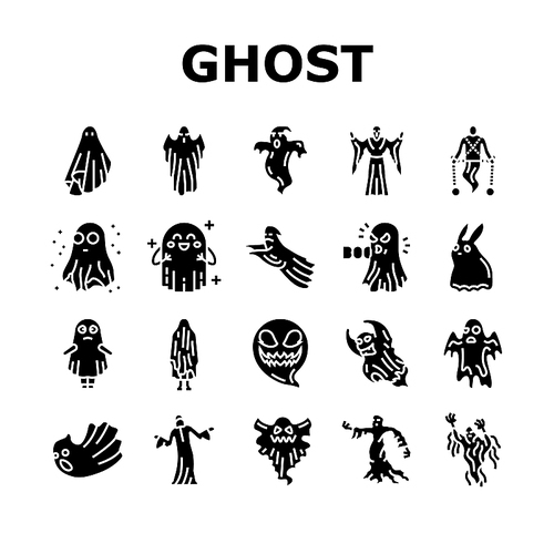 ghost halloween spooky scary cute icons set vector. horror white, spirit character, costume monster, night evil, silhouette, boo fear ghost halloween spooky scary cute glyph pictogram Illustrations
