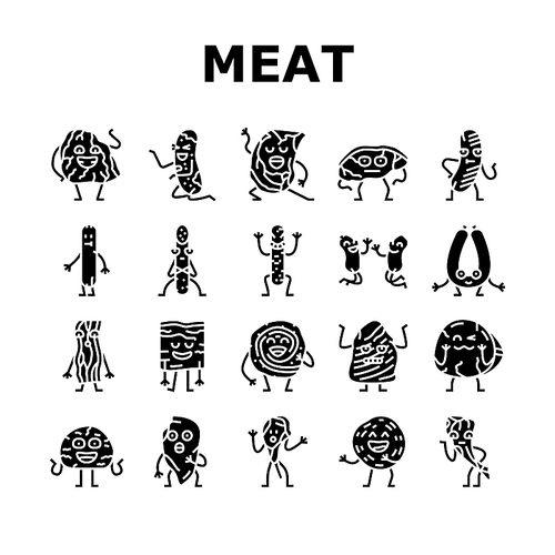 meat character beef food funny icons set vector. steak face, happy, cute design, sausage restaurant, slice smile, pork grill, mascot meat character beef food funny glyph pictogram Illustrations