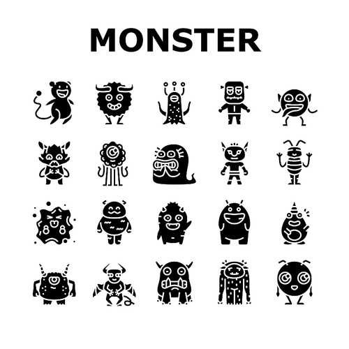 monster funny cute alien icons set vector. animal halloween, happy face, comic creature, devil scary, mouth mascot little teeth monster funny cute alien glyph pictogram Illustrations
