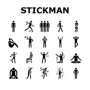 stickman man people silhouette icons set vector. pictogram human, stick person, figure posture, body position male character movement stickman man people silhouette glyph pictogram Illustrations