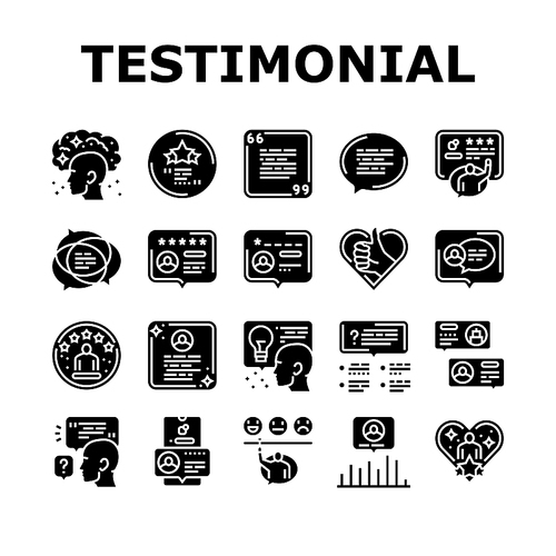 testimonial customer review icons set vector. feedback opinion, comment online, bubble service, concept business, client survey testimonial customer review glyph pictogram Illustrations