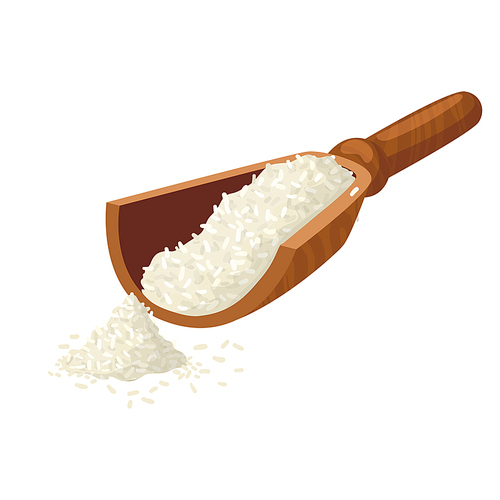 rice spoon cartoon. cooked basmati, wood grain, wooden raw jasmine hot rice spoon vector illustration