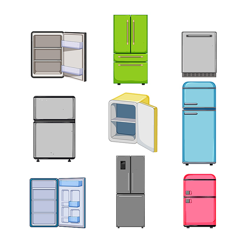 fridge refrigerator set cartoon. freezer kitchen, food door, open home, empty white, storage fridge refrigerator vector illustration