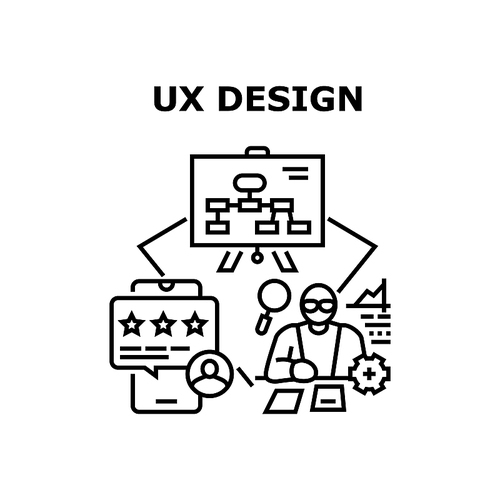 Ux Design Process Vector Icon Concept. Designer Planning Strategy On Board, Researching Documentation And Developing Ux Design. User Review In Smartphone Application Black Illustration