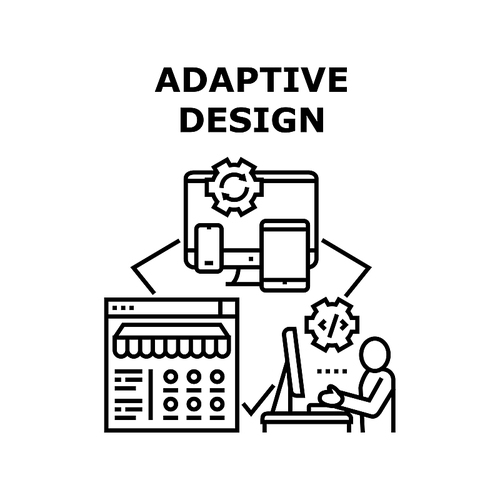 Adaptive Design Vector Icon Concept. Adaptive Design Developing Coder Freelancer, Working For Online Store Project. Web Site For Smartphone, Tablet And Computer Screen Black Illustration
