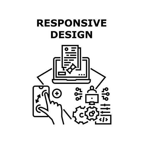 Responsive Design Vector Icon Concept. Responsive Design Develop Programmer On Computer For Possibility Zooming Picture On Smartphone And Uploading Document In Internet Black Illustration