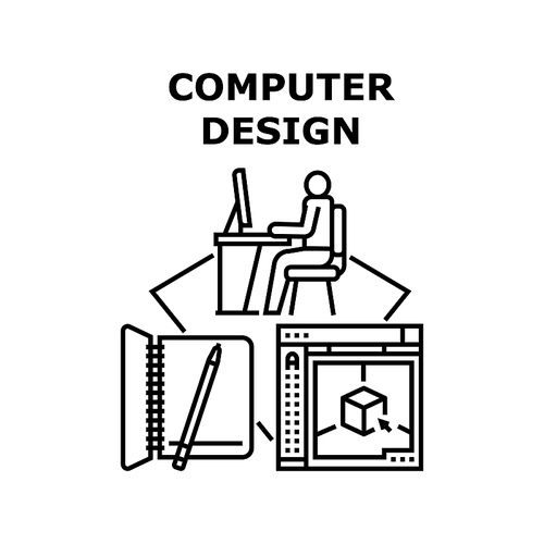 Computer Design Vector Icon Concept. Computer Design Designer Developing In Digital Software, Planning And Drawing In Notebook. Artwork And Creative Idea Development Black Illustration