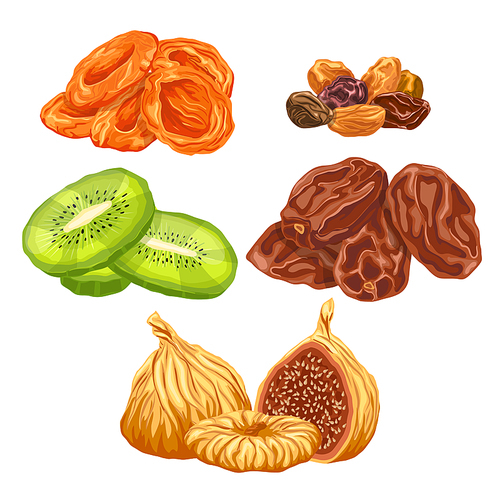 dried fruit food set cartoon. apricot, fig, raisin, dry natural snack, healthy sweet, tropical organic ingredient dried fruit food vector illustration