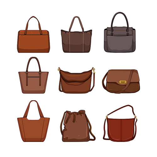 leather bag women set cartoon. fashion handbag, femalestyle purse, girl glamour, luxury casual, stylish leather bag women vector illustration