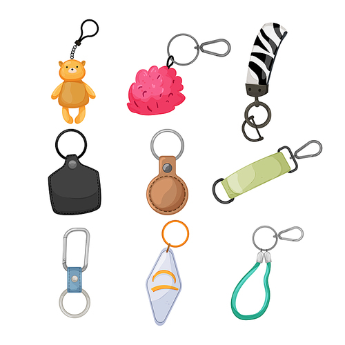 keychain key set cartoon. keyring ring, chain round holder, metal trinker, car silver keyholder keychain key vector illustration