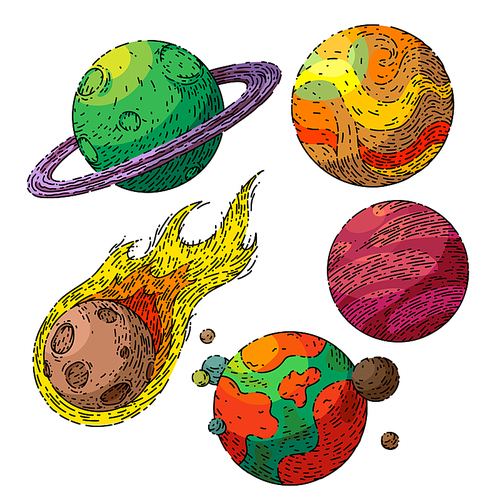 planet space set hand drawn vector. moon star, comet universe, solar galaxy, cosmos astronomy, sky system planet space sketch. isolated color illustration