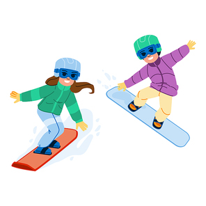 snowboarding kid vector. active snowboard, winter sport, snowboarder happy, fun snow, season young snowboarding kid character. people flat cartoon illustration