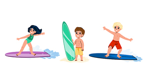 surfing kid vector. surfboard wave, surf beach, ocean surfer, sea sport, board young surfing kid character. people flat cartoon illustration