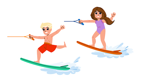 water skiing kid vector. ocean summer, boy activity, child sea, vacation sport, happy holiday water skiing kid character. people flat cartoon illustration