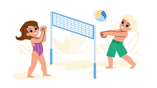 beach volleyball kid vector. sport ball, summer holiday, play volley, flat sea, family group beach volleyball kid character. people flat cartoon illustration