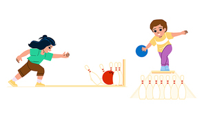 bowling kid play vector. children game, ball family, child montessori, home school, outdoor friends bowling kid play character. people flat cartoon illustration