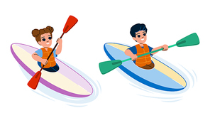 canoeing kid vector. kayak boat, river summer, family lake, camp fun, water children canoeing kid character. people flat cartoon illustration